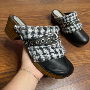 Gioie Italiane Black Leather & Houndstooth Fabric Clogs size 40 - MADE IN ITALY